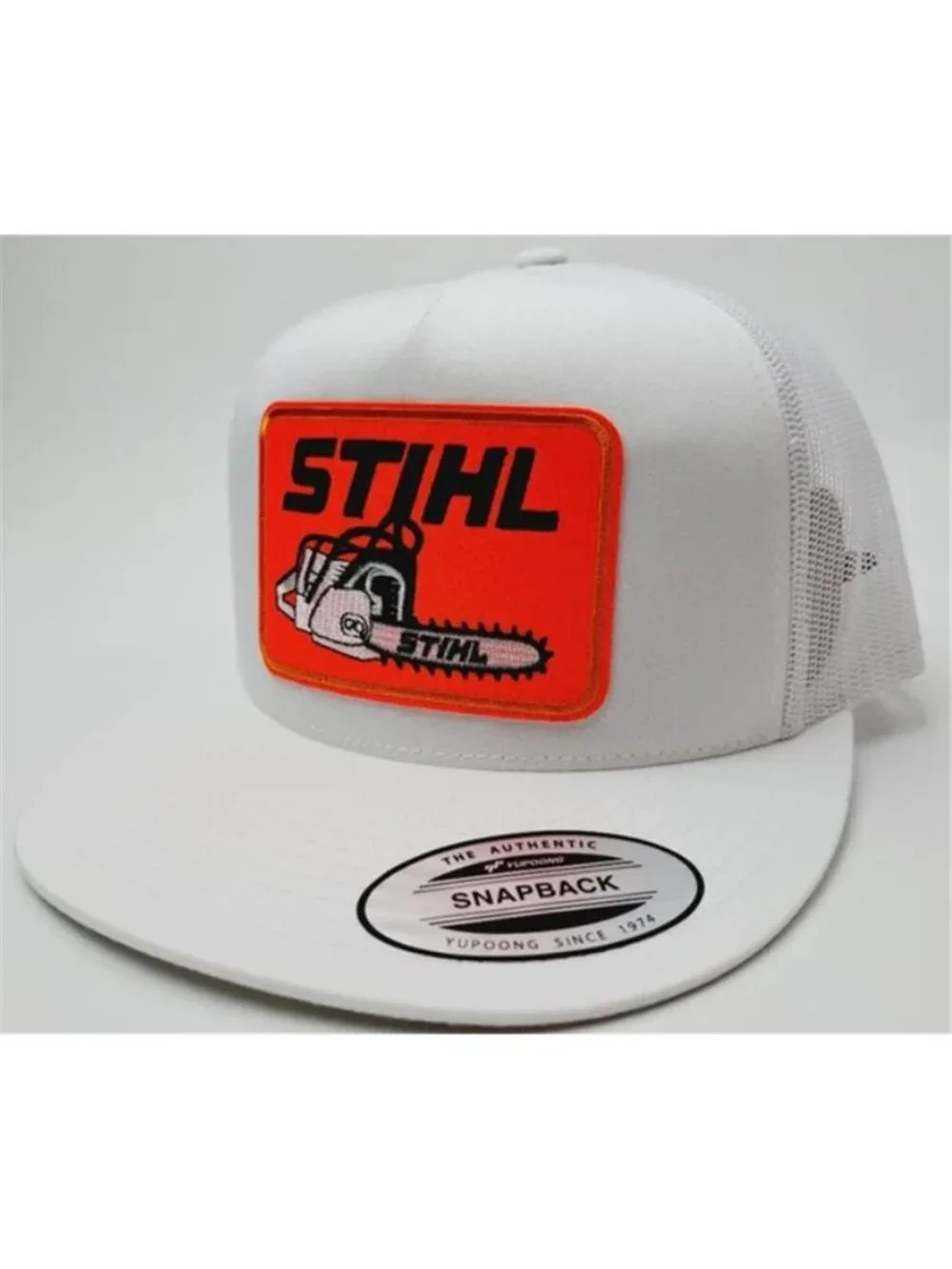 Retro Chainsaw Forestry Patch White Yupoong Flat Bill Snapback Trucker Hat HiVis